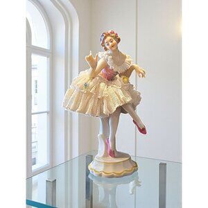 Antique German Porcelain Dresden Lace Volkstedt Ballerina Many Dainty Flowers 5"